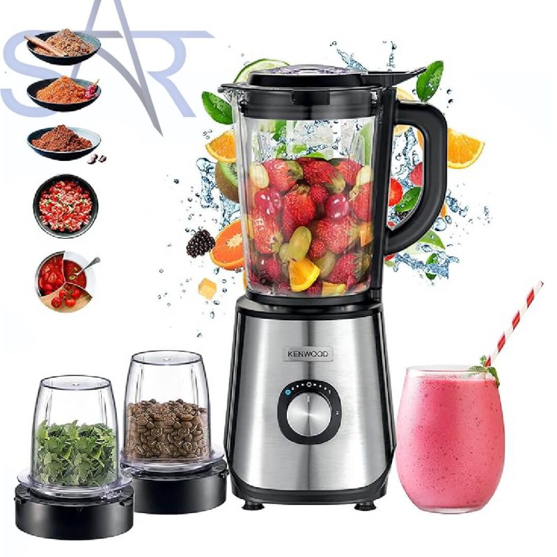 خلاط كهربائي زجاج كينوود مع 2 مطحنة، 1000 وات، 2 لتر، اسود - Blm45.720Ss
